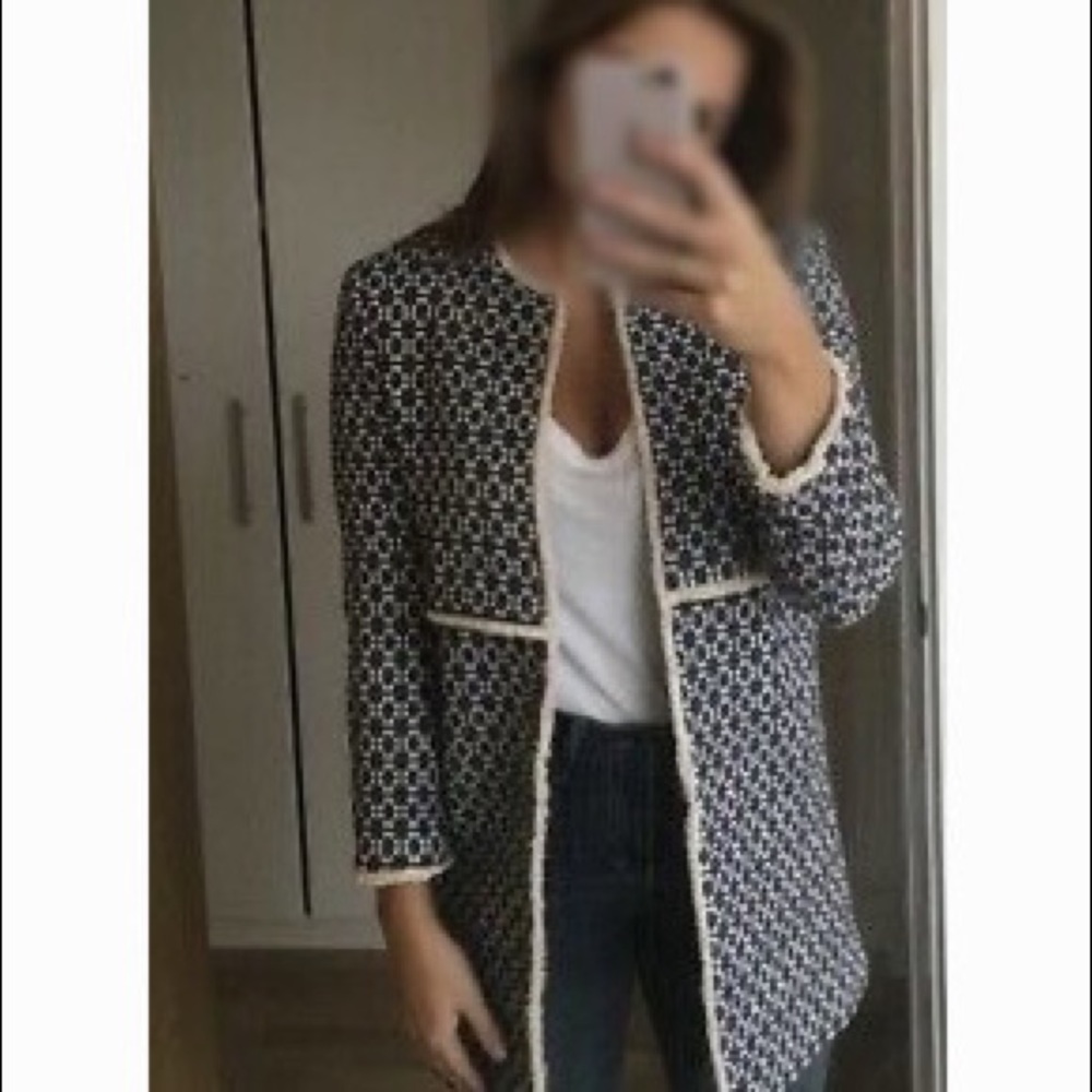 Zara Woman Frayed Edge Ecru Blue Fringe Coat
